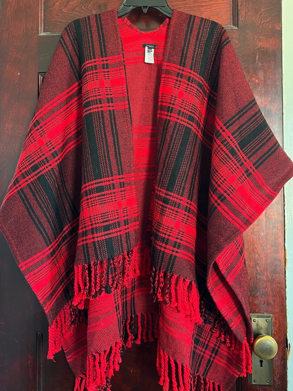 Talbots Red and Black Plaid Wool Blend Poncho with Fringe One Size - Picture 5 of 10
